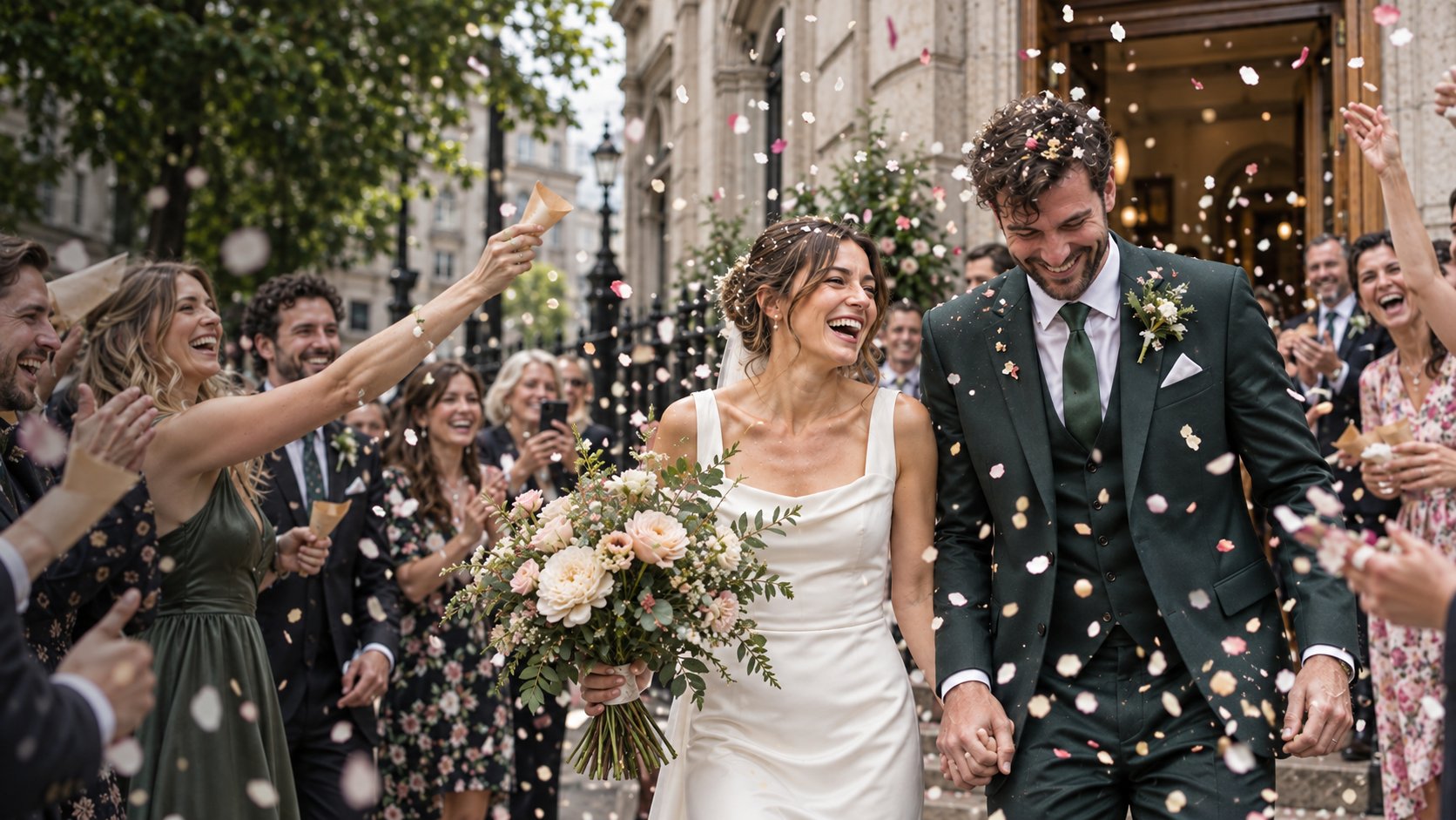 A couple celebrating their wedding while guests throw confetti