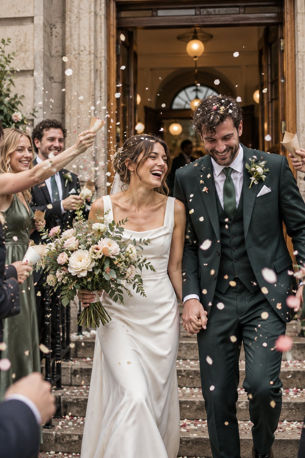 A couple celebrating just after their wedding ceremony