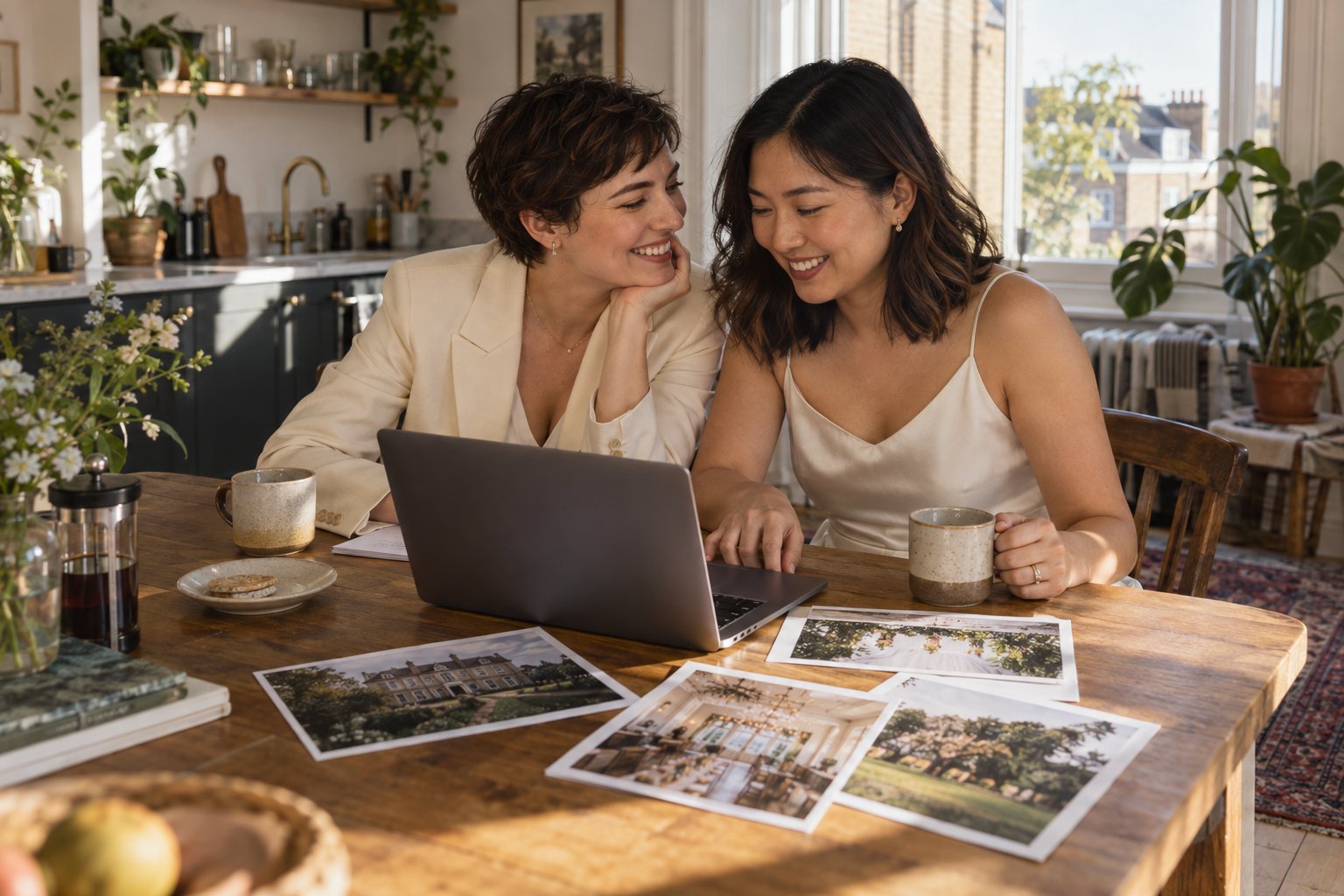 Two brides planning their wedding together at home