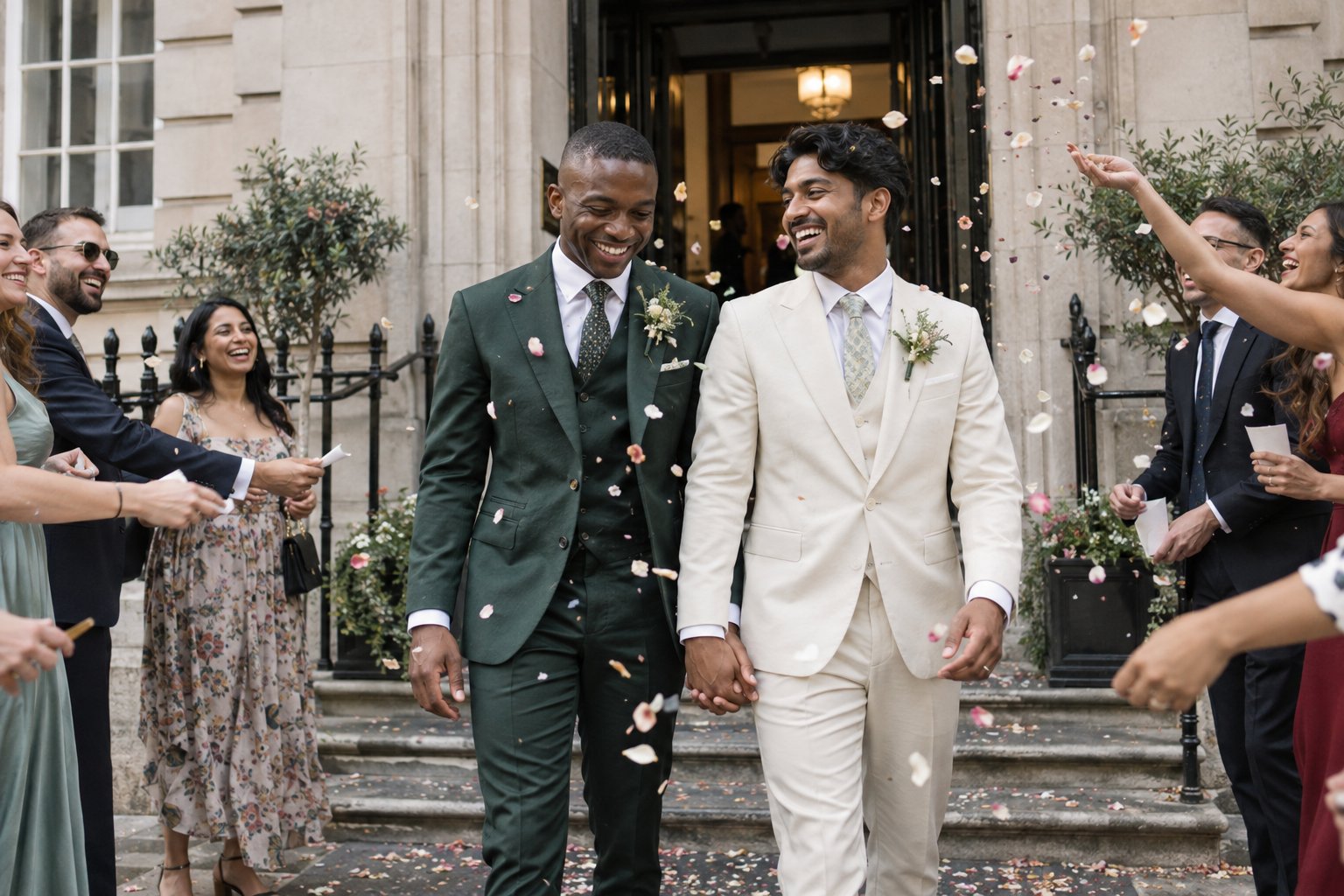 Two grooms leaving their wedding ceremony together under confetti