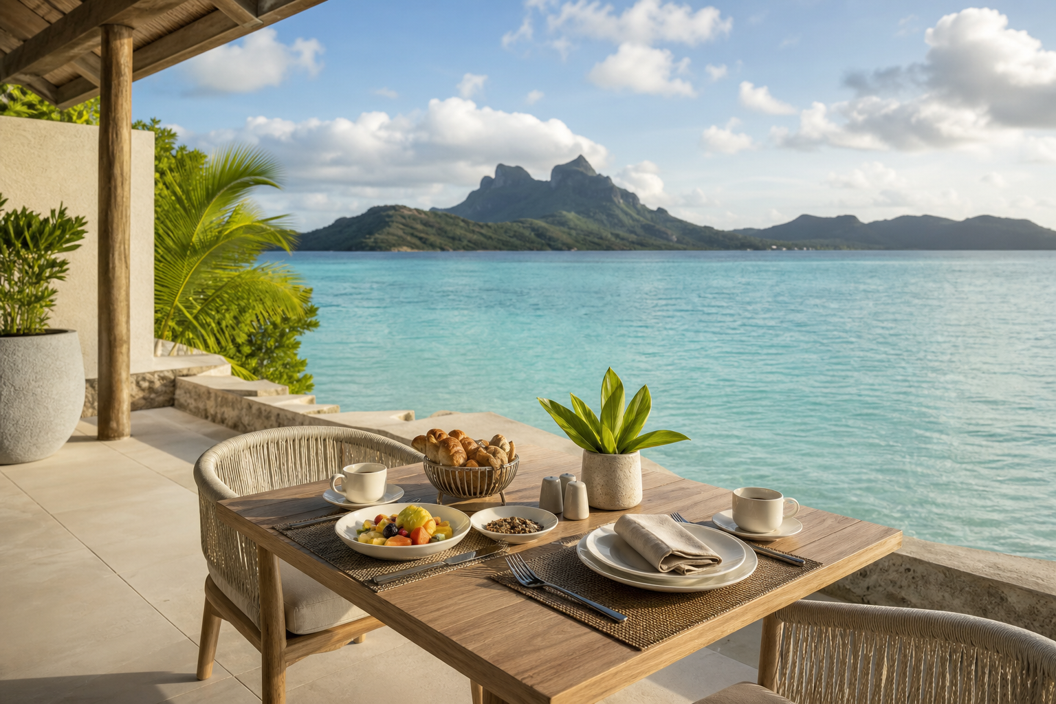 Breakfast terrace overlooking a tropical lagoon