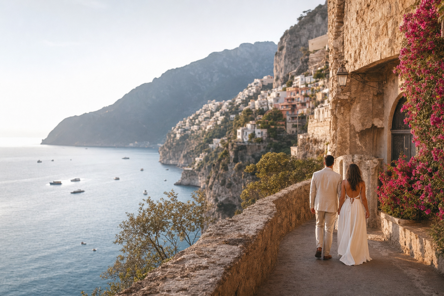 Newly married couple walking above the Mediterranean coast