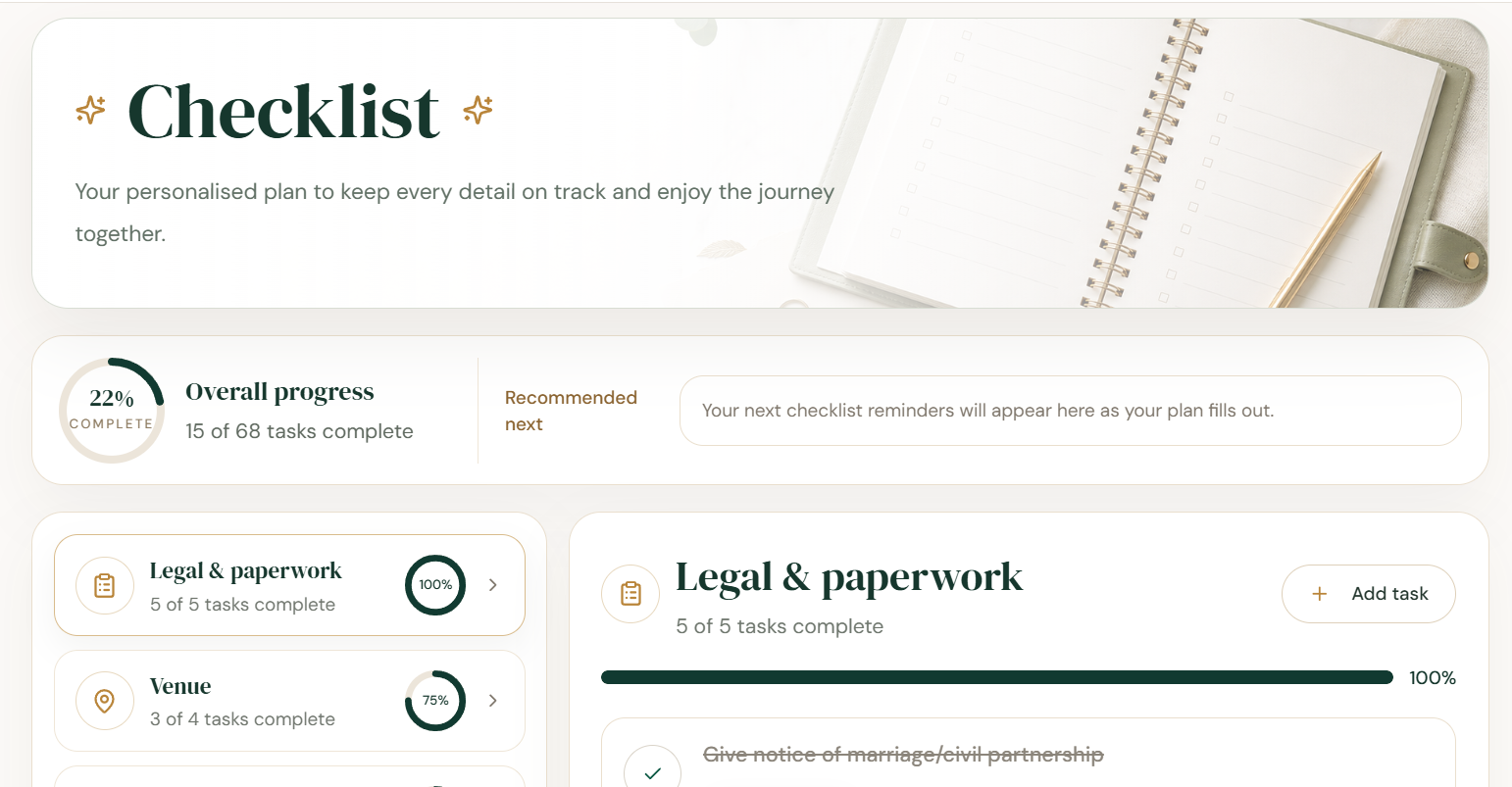 ReadySetWed checklist organising wedding tasks and deadlines