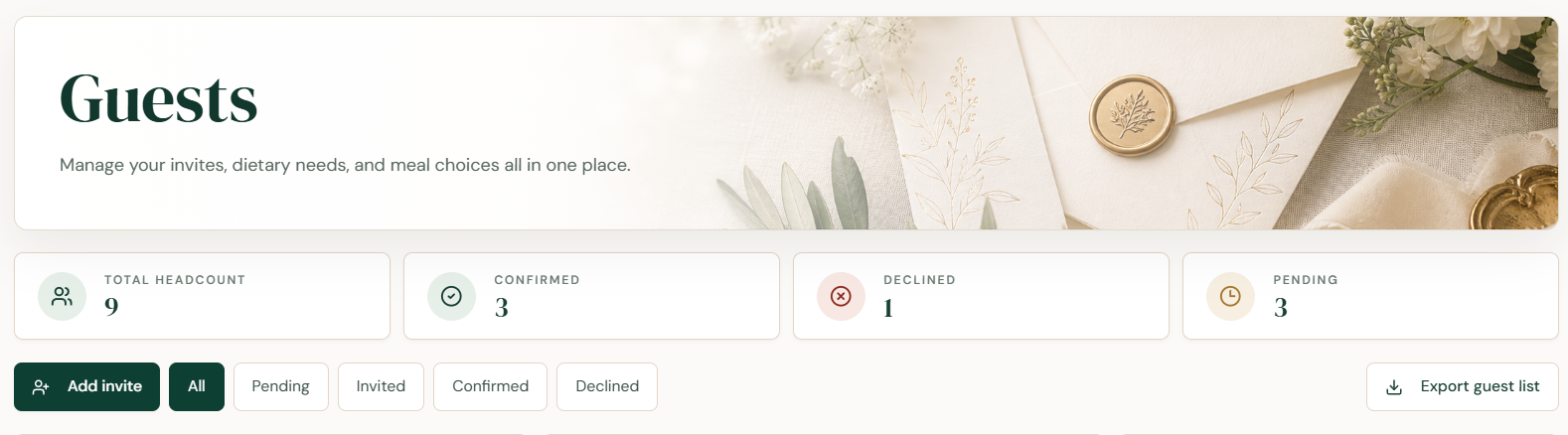 ReadySetWed guest planner showing RSVP, household and meal details