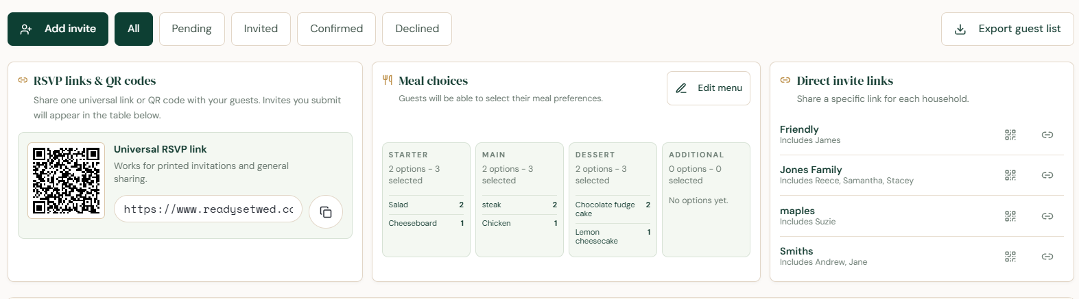 ReadySetWed RSVP links and meal-choice tools