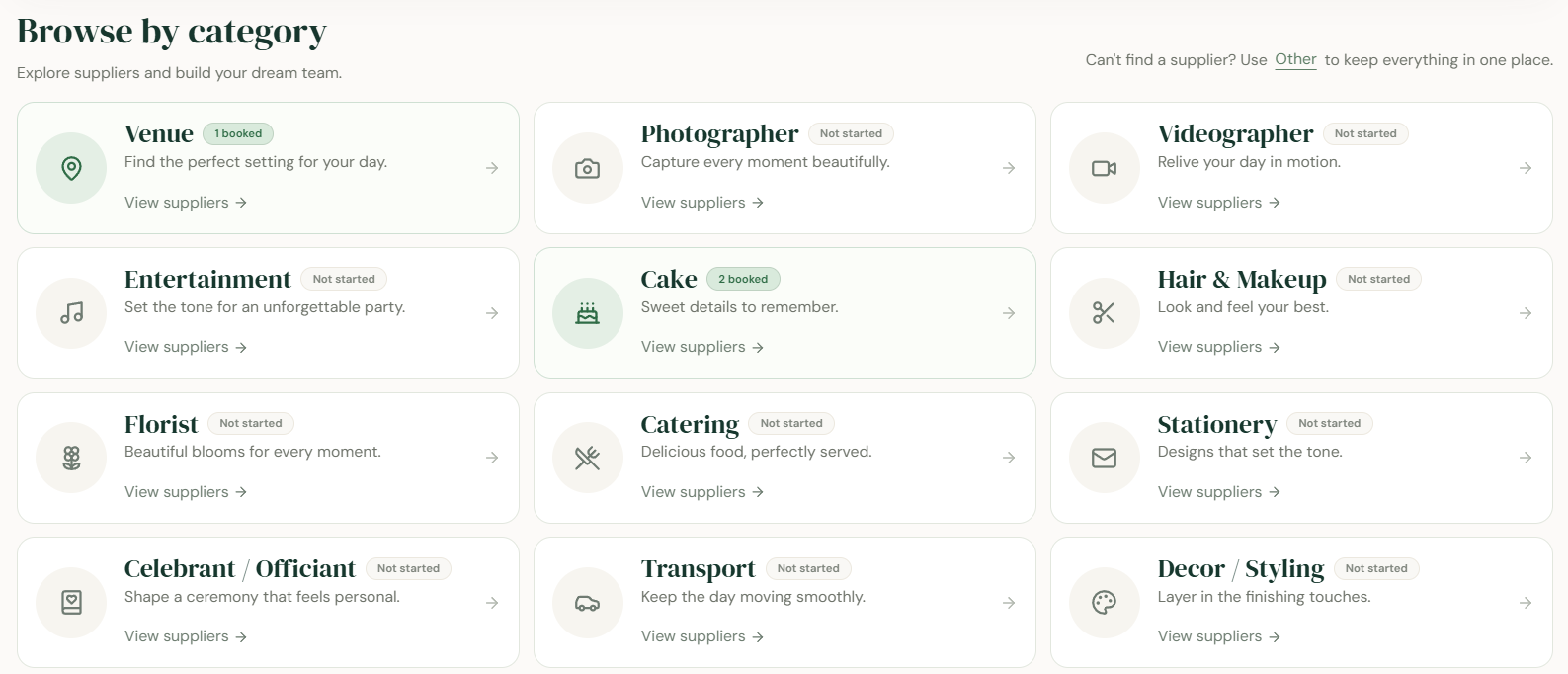 ReadySetWed supplier category browser