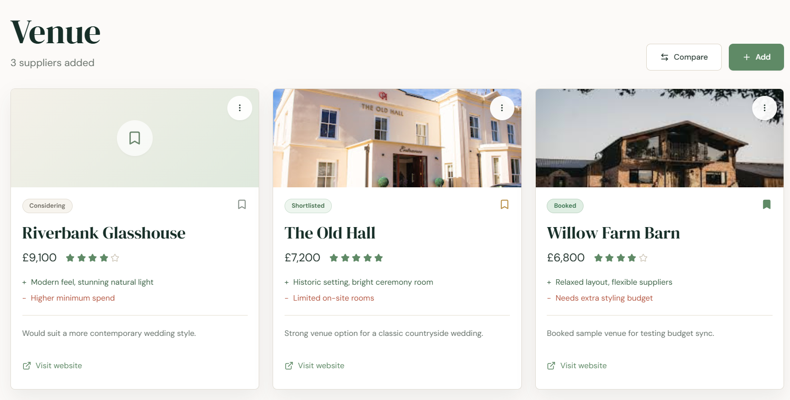 ReadySetWed venue supplier shortlist
