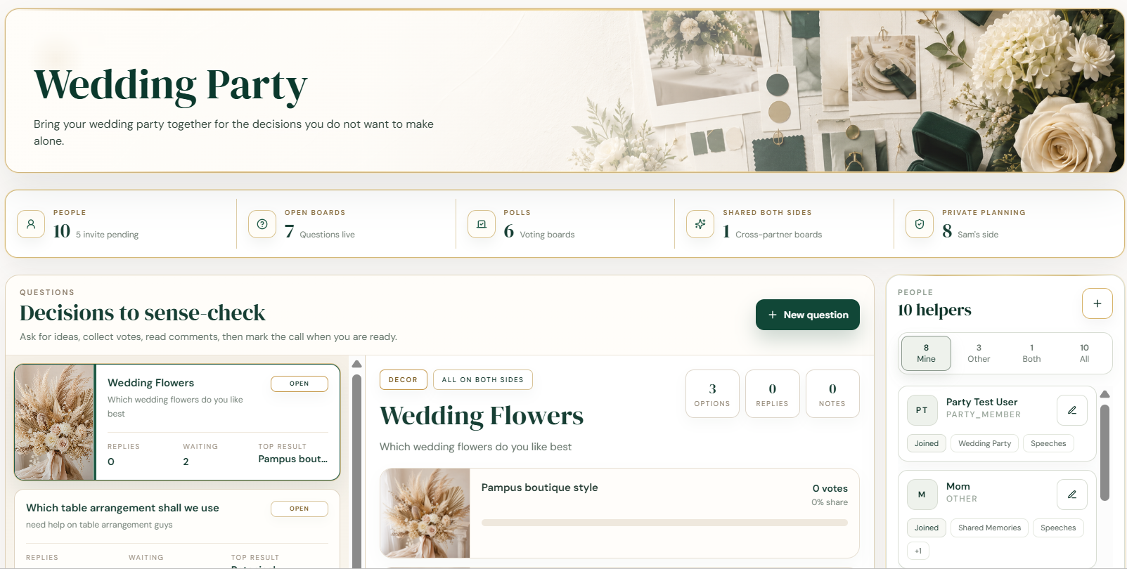 ReadySetWed wedding-party workspace with shared decisions and people